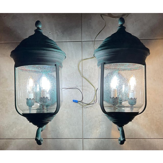 Metal Pair of Vintage Solid Brass Wall Lanterns /Sconces 22”x10”x11”.5 For Sale - Image 7 of 16