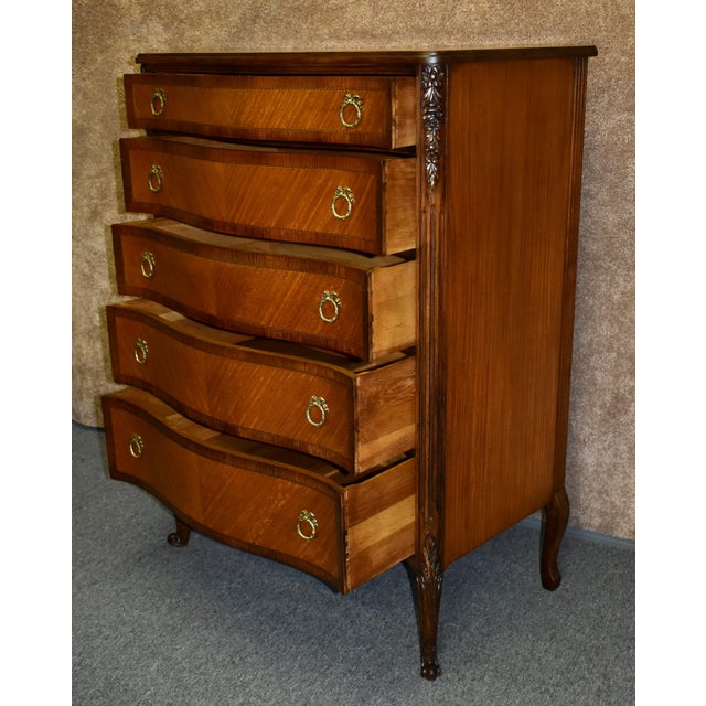 Vintage Five Drawer Carved Rosewood & Satinwood French Style Tall Chest