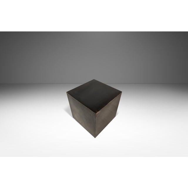 1970s Set of Two (2) Mid-Century Modern Industrial Brutalist Cubes / End Tables / Pedestals in Patinaed Metal, Usa, C. 1970s For Sale - Image 5 of 17