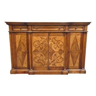 Vintage Antique Mediterranean Tuscan Style Alder Wood 77" Wine Storage Credenza Buffet W. Inlaid Features For Sale
