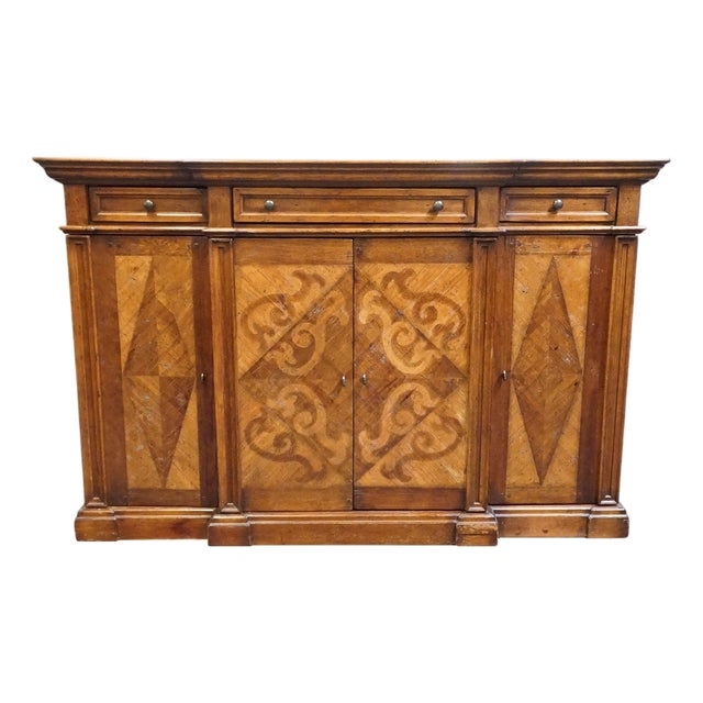 Vintage Antique Mediterranean Tuscan Style Alder Wood 77" Wine Storage Credenza Buffet W. Inlaid Features For Sale