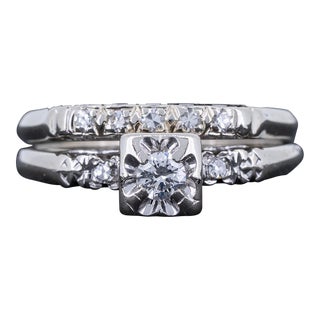 Vintage Diamond Engagement Wedding Set by Princess 14k White Gold Anniversary Ring Size 5.25 For Sale