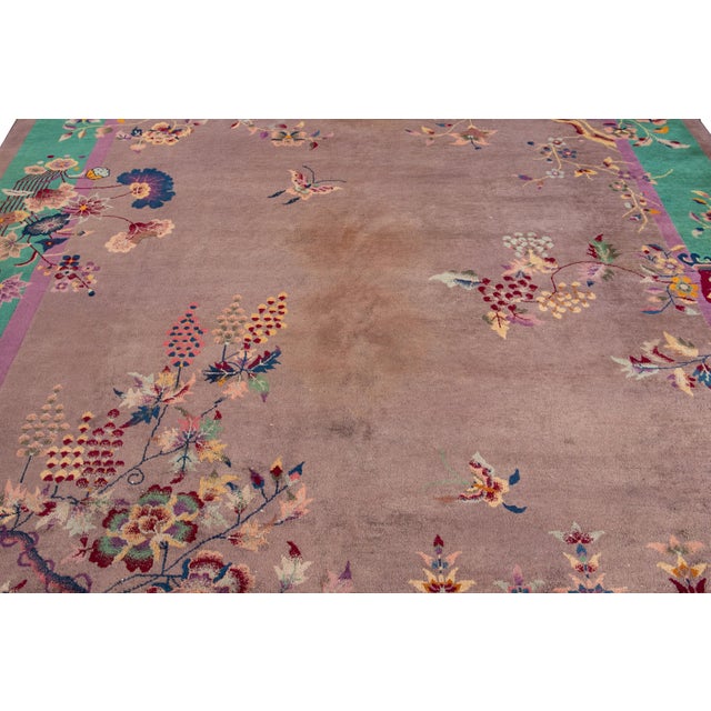 Antique Chinese Art Deco Rug - Plum & Jade Green Floral Wool 9x12 For Sale - Image 9 of 12