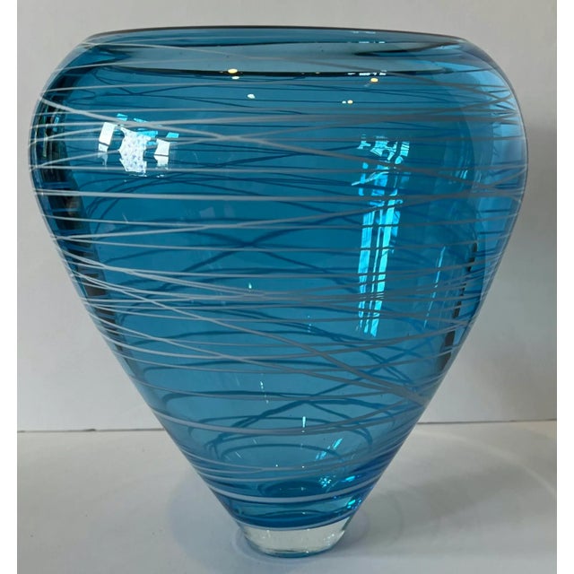 Art Glass Vase Blue With White Swirls For Sale - Image 10 of 13