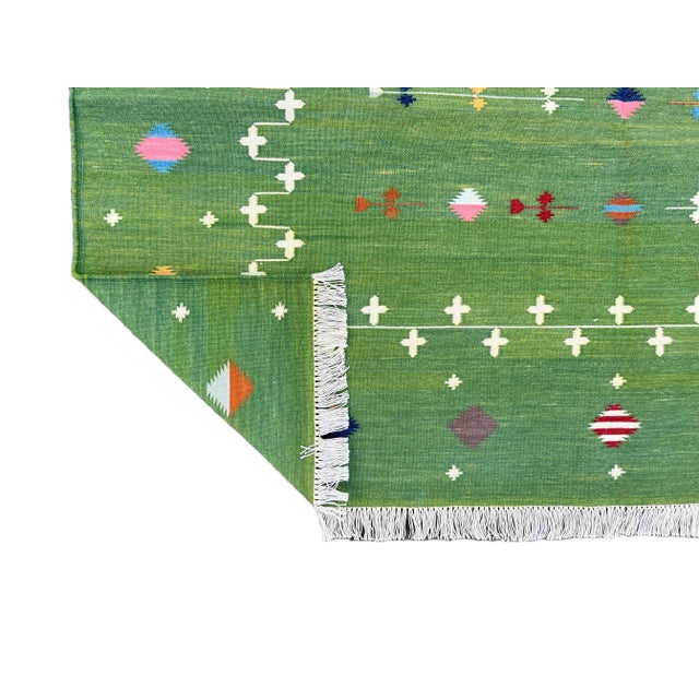 Casa Cosima Handmade Cotton Dhurrie Vegetable Dyed Forest Green Shooting Star Rug - 5'x8' For Sale - Image 4 of 11