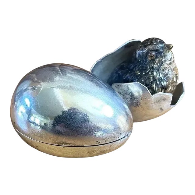 Antique Cold Painted Bronze Inkwell, Figural Young Bird, Egg Shell Desk Accessory For Sale