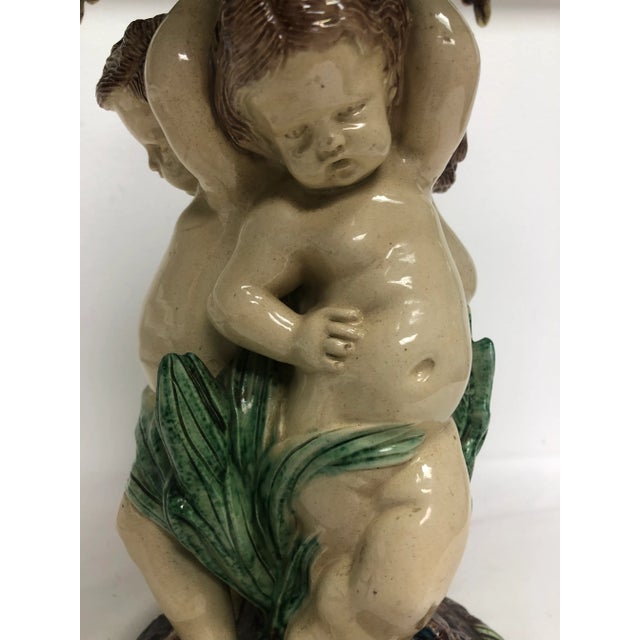 Ceramic Antique Majolica Cherub Pedestal Centerpiece For Sale - Image 7 of 9