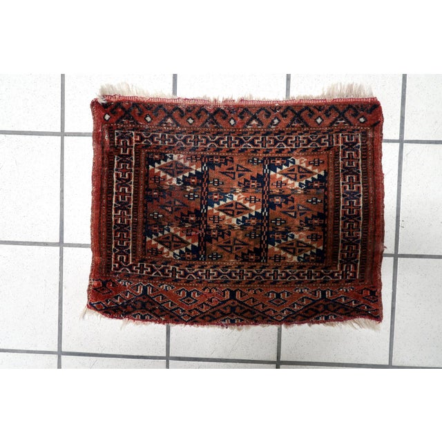 Brick Red 1900s, Handmade Antique Turkmen Yomud Collectible Mat Rug 1.3' X 1.6' For Sale - Image 8 of 9