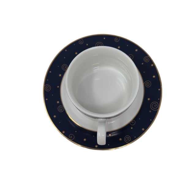 2000 - 2009 Sakura Star Light Coffee Tea Cup Saucer Porcelain Blue Gold Celestial Hallmark For Sale - Image 5 of 7