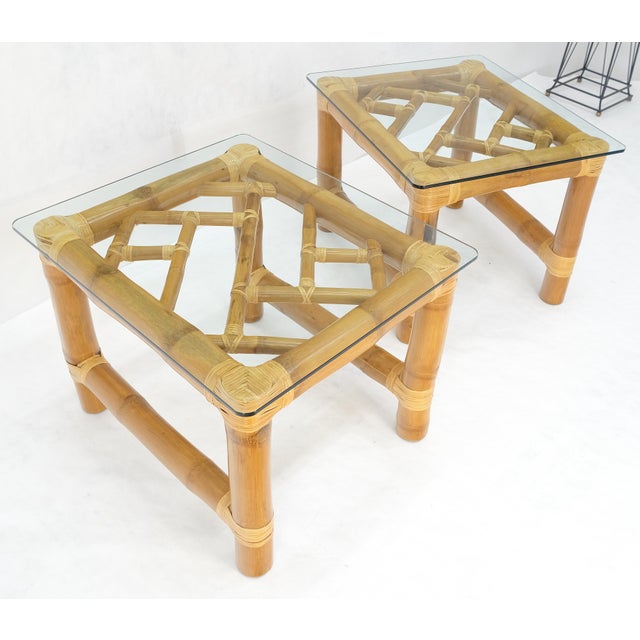 Pair Thick Bamboo Glass Top Rectangle Glass Top End Side Lamp Tables MINT For Sale - Image 18 of 18