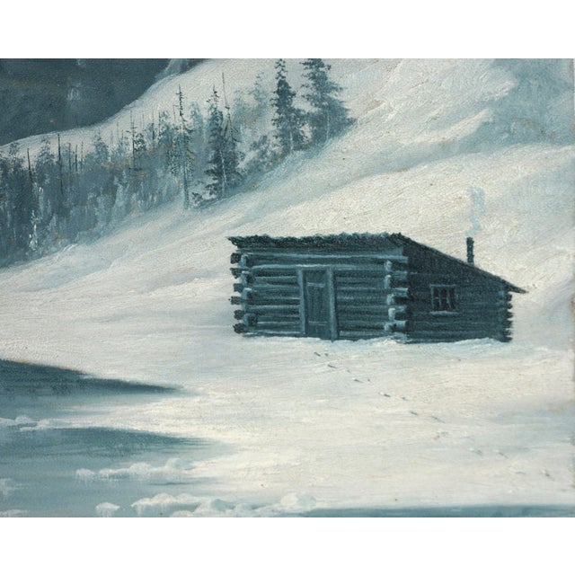 Realism Early 20th Century Winter Snowy Cabin Oil Painting Signed Landscape For Sale - Image 3 of 7
