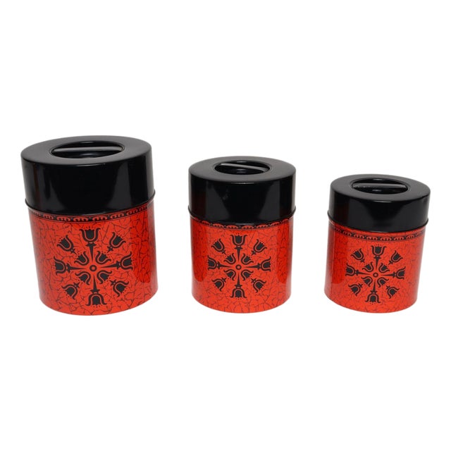 Set of Three Japanese Modern Nesting Canisters With Red and Black Floral Decoration For Sale