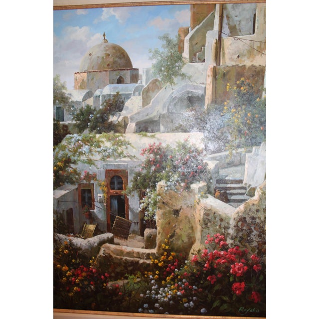 Large Mediterranean Village Landscape — Oil on Canvas, 48” × 60” A captivating large-scale oil on canvas depicting a sun-...