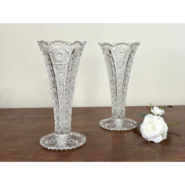 Pair of Vintage Clear Glass Trumpet Vases, Daisy & Button Pattern, Mid Century Pressed Glass Decor For Sale - Image 4 of 10