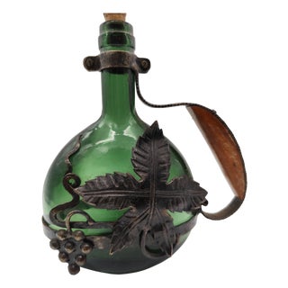 Antique 18th Century Green Glass Bocksbeutel Bottle with Dark Metal Mount and Ring-Shaped Stopper For Sale