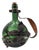 Antique 18th Century Green Glass Bocksbeutel Bottle with Dark Metal Mount and Ring-Shaped Stopper For Sale