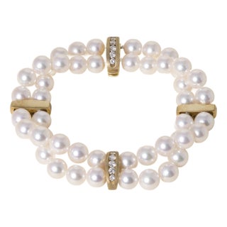 Vintage Double Strand White Pearl With Diamonds 18k Gold Station Bracelet For Sale