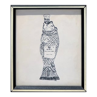 Mid-Century Pen & Ink Drawing of Italian Fish Bottle For Sale