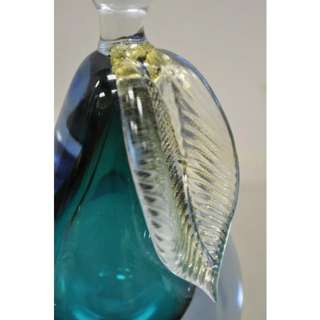 Italian Murano Blue 7" Blown Art Glass Pear Fruit Gold Flecks Leaf Paperweight For Sale - Image 4 of 11