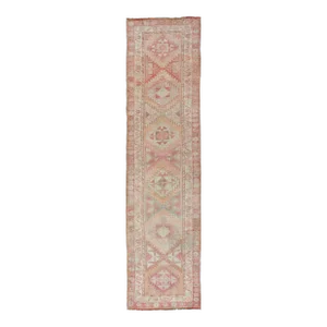 Vintage Turkish Oushak Runner With Latch Hook Medallions in Soft Colors 2'11 X 12'0