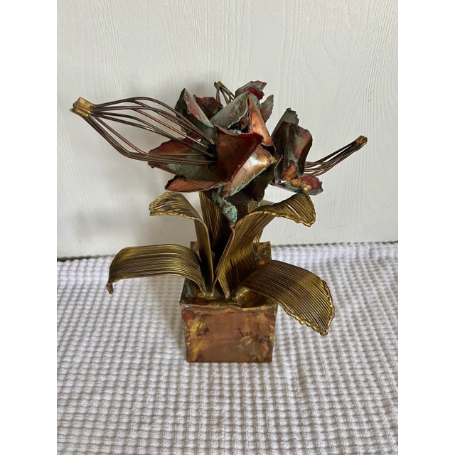 Copper Brutalist Copper and Brass Floral Sculpture Marked B J M 1979 For Sale - Image 8 of 11
