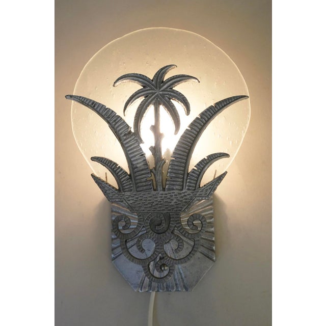 Rare Matched Pair French Art Deco Tropic Palm Aluminum Glass Wall Sconce Lamps 1920's For Sale - Image 9 of 13