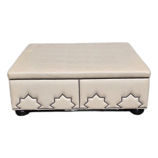 Late 20th Century Large Designer Beige Leather Upholstered Ottoman Pattern Tack Trim Bun Feet For Sale