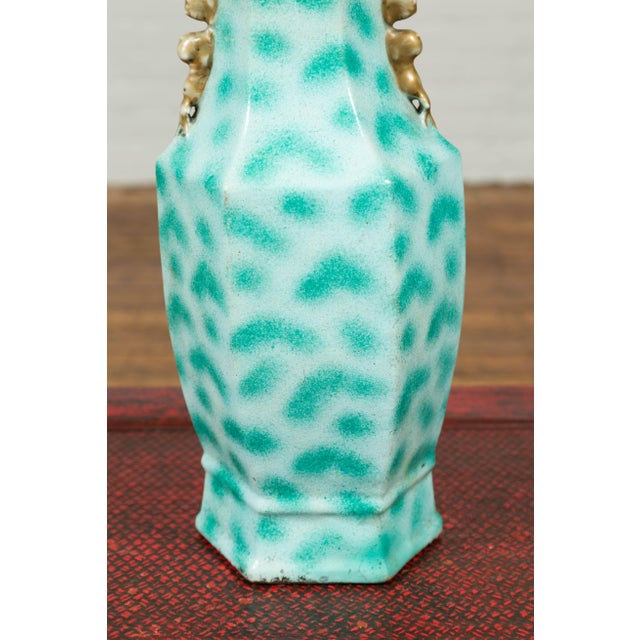 Mid 20th Century Vintage Chinese Turquoise Vase with Spotted Design and Hexagonal Neck For Sale - Image 5 of 10