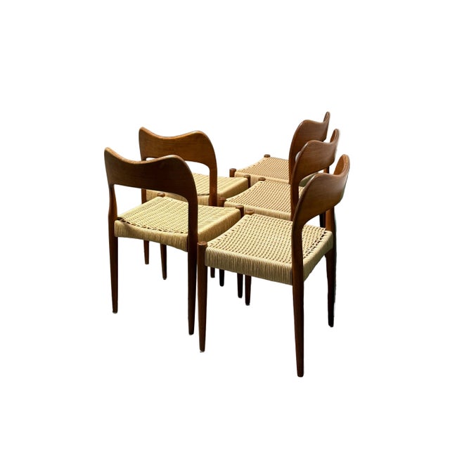 Set of 5 Danish Niels Otto Moller Model 71 Dining Chairs Mid Century Modern Teak Rope Chairs Woven Seat For Sale - Image 4 of 10