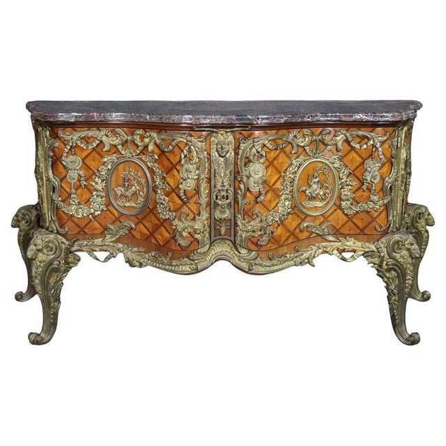 1910s Monumental Grand Inlaid Bronze Mounted French Louis XV Style Marble Top Commode For Sale - Image 5 of 9