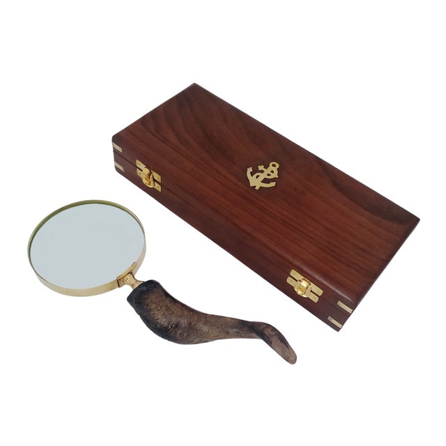 Mid 20th Century Vintage Mid 20th Century Brass Horn Handle Magnifying Glass in Wooden Box For Sale - Image 5 of 5