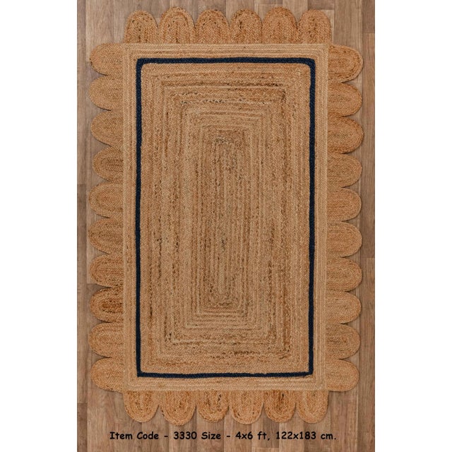 Brown 3x5ft. Navy Single Border Braided Jute Scallop Rug For Sale - Image 8 of 10