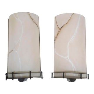 Pair of Resin Faux Marble Demilune Wall Sconces For Sale