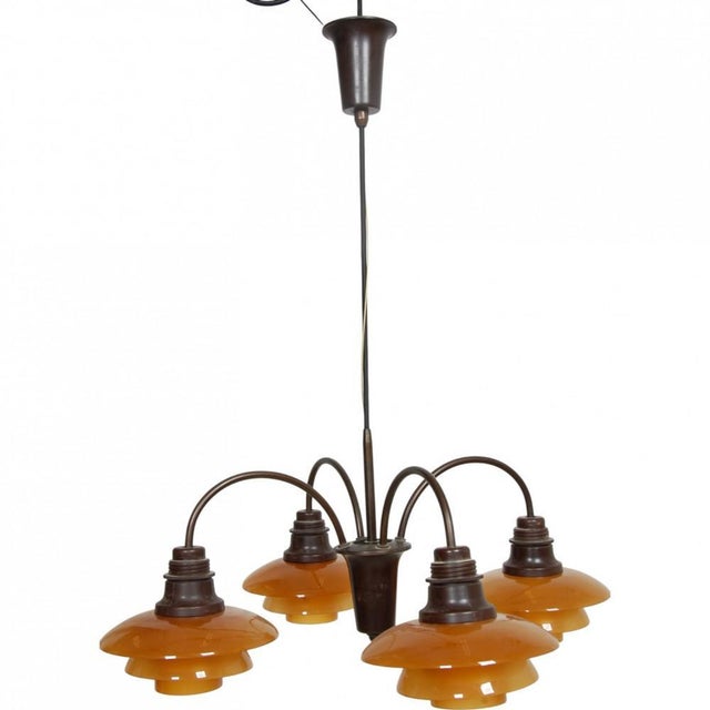 PH2/2 4-Armed Bombardements Chandelier in Amber Glass by Poul Henningsen, 1930s For Sale - Image 16 of 16