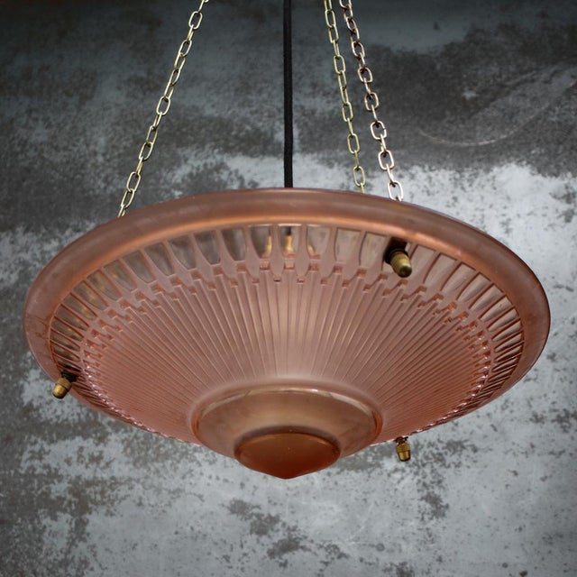 Art Deco French Brass and Red Pink Glass Pendant Light, 1920s For Sale - Image 6 of 11