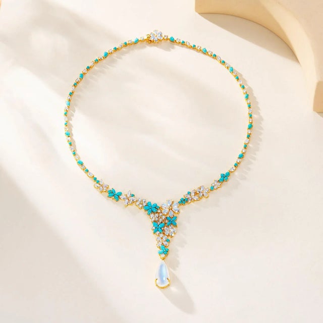 Nina Zhou Jewelry Nina Zhou Symphony Turquoise Moonstone Diamond Necklace in 14k Yellow Gold For Sale - Image 4 of 7