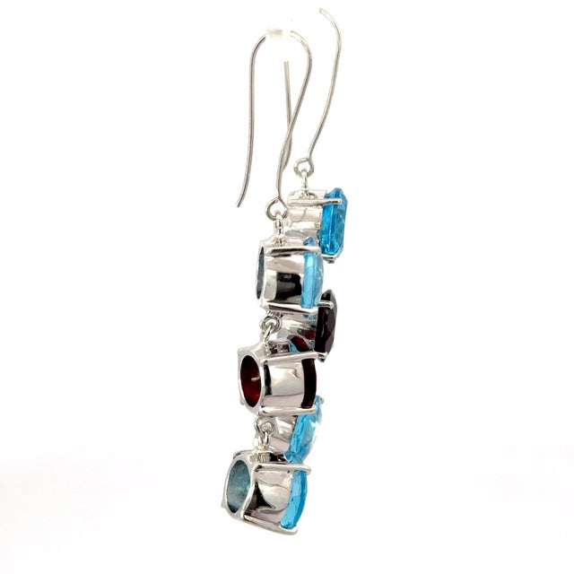 Modern Stunning Red Garnet & Topaz Round Cut Dangling Earrings in Solid Silver- 2 Pieces For Sale - Image 3 of 13