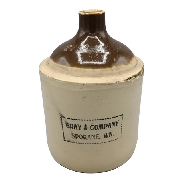 Early Antique Stoneware Whiskey Jug — Gray & Company, Spokane, Washington For Sale