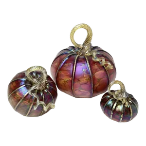Handmade Iridescent Amethyst Pumpkins Art Glass Centerpiece Artist Signed - Lot of 3