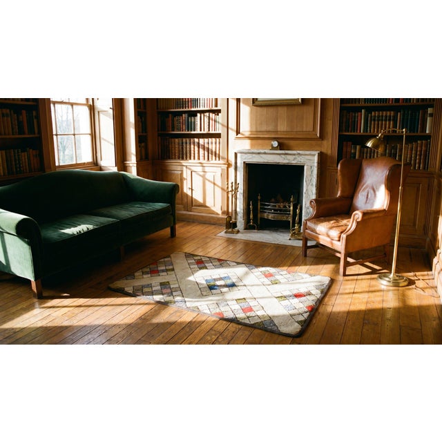 Fantastic Tan Beige Color and Interesting Rhombus Shapes Patters Antique American Hooked Rug, For Sale - Image 10 of 11