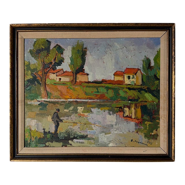 1970 Rodolfo Marma Italian Impressionist Landscape Oil on Board Painting – “L’Arno a Rovezzano,” Florence, Italy, Framed For Sale