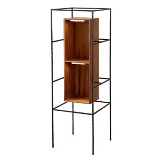 Solid Black Walnut Display Cabinet With Lights — Narrow Freestanding Bookcase, Forged Steel Frame For Sale