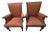 Pair of Ethan Allen Contemporary Italian Provincial Red Upholstered Dining Arm Chairs With Rattan Woven Back & Sides For Sale