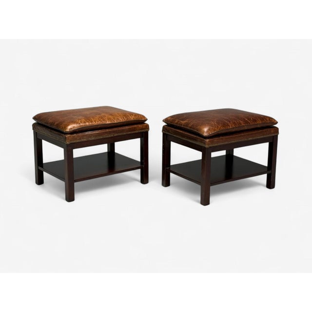 Georgian Style, Distressed Brown Leather, Mahogany, Ottomans or Footstools, USA, 20th C. Pair of Edwardian style ottomans...