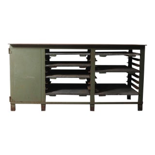 Early 20th Century Industrial Metal Workbench With Storage For Sale