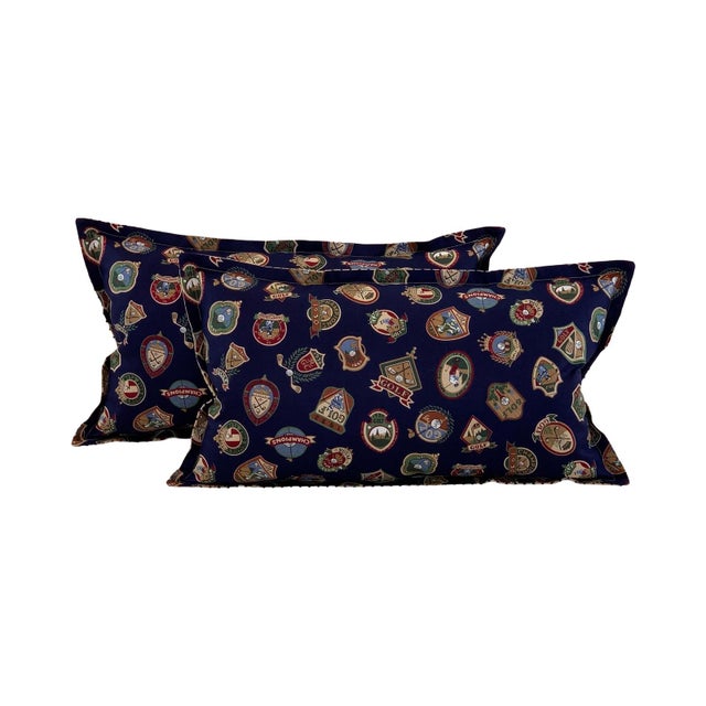 Textile Designer Vicki Payne Free Spirit Printworks Blue Burgundy Green Tan Country Club Golf Crest Emblem Medallion Pillow Covers- Pair For Sale - Image 7 of 7