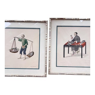 Beautiful pair of Chinoiserie colored engravings in bamboo frames // matted and framed Asian art // silvered / gilt frames // chinoiserie For Sale
