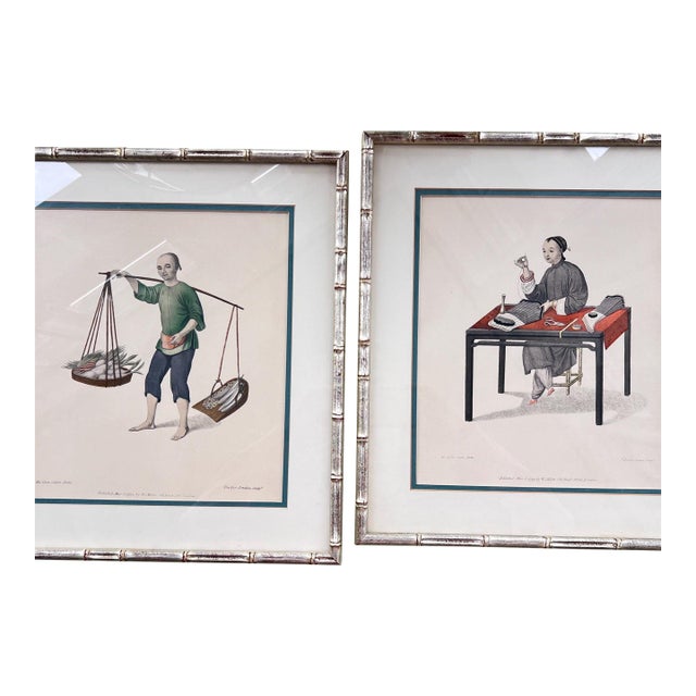 Beautiful pair of Chinoiserie colored engravings in bamboo frames // matted and framed Asian art // silvered / gilt frames // chinoiserie For Sale