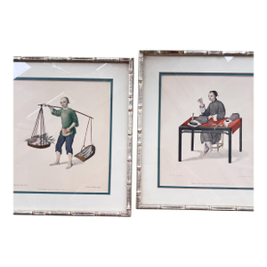 Beautiful pair of Chinoiserie colored engravings in bamboo frames // matted and framed Asian art // silvered / gilt frames // chinoiserie