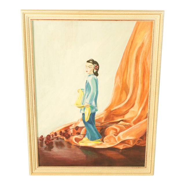 Vintage 1948 Portrait Painting Asian Woman v.h. Price Framed Mid Century Art For Sale